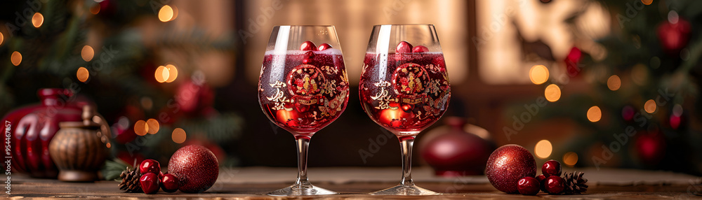 Wall mural Two elegant champagne flutes filled with a vibrant red liquid, set against a soft, neutral background.