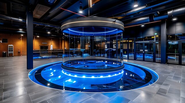 A converted grain silo ingeniously transformed into a vertical indoor skydiving facility, offering a unique experience in an industrial setting, 