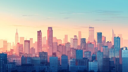 Fototapeta premium A city skyline at sunset, framed by buildings and clouds painted in soft colors.