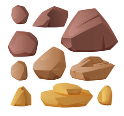 Set of brown and yellow stone rocks of different sizes and shapes