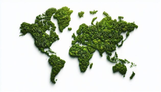 Green rain forest in the shape of the hyper realistic world map isolated on the white background