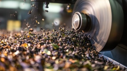 Close-Up of Tea Leaves Being Processed by a Machine