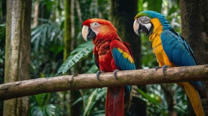 Obraz premium Red macaw and blue-yellow macaw in tropical rainforest