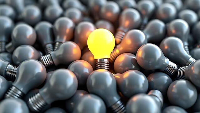 A glowing light bulb stands out in a crowd of dim ones, representing unique ideas and innovation.