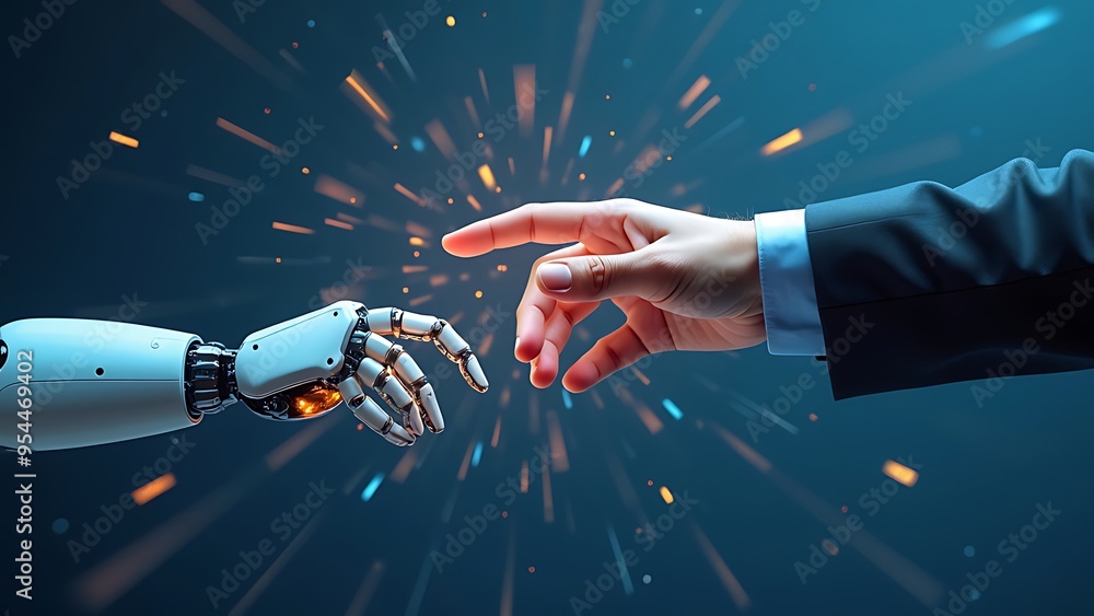 Poster human and robot hands reaching out in a symbolic gesture of ai collaboration against a digital blue 