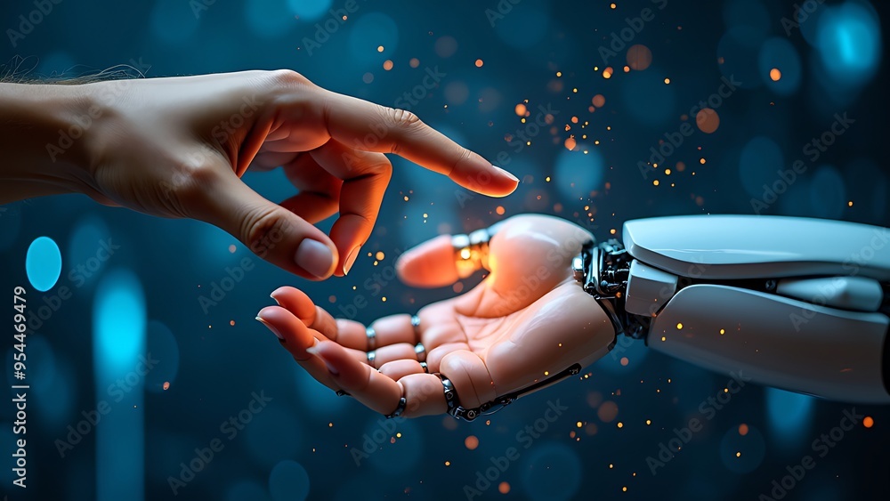 Poster human and robot hands reaching out in a symbolic gesture of ai collaboration against a digital blue 