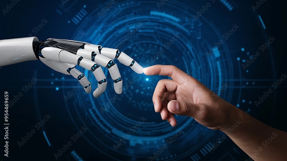Poster human and robot hands reaching out in a symbolic gesture of ai collaboration against a digital blue 