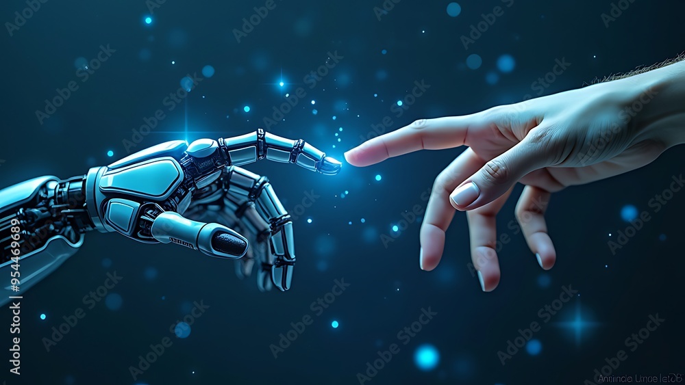 Poster human and robot hands reaching out in a symbolic gesture of ai collaboration against a digital blue 