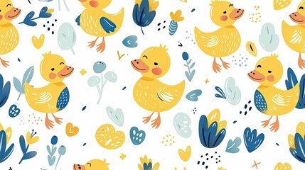 Cheerful Yellow Ducklings Amongst Abstract Floral Patterns