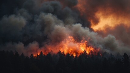Smoke billowing from a wildfire engulfs the sky as darkness descends.