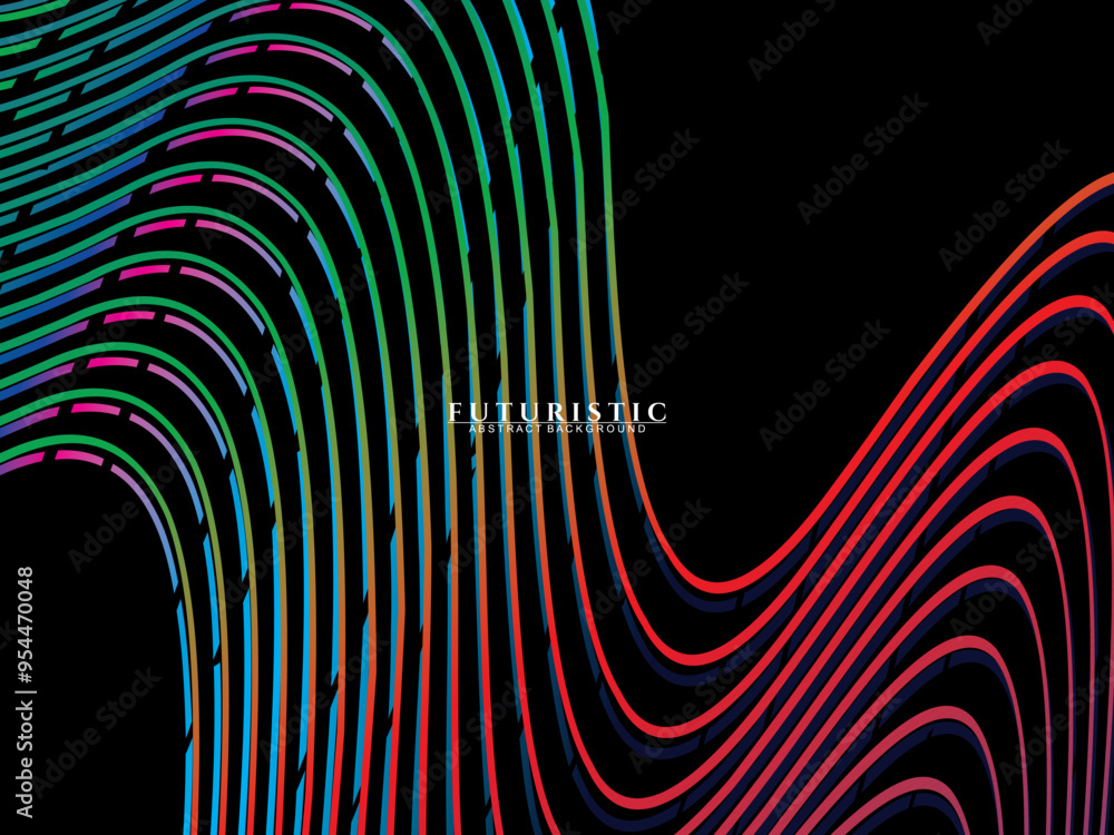 Fototapete futuristic abstract technology shining rainbow light lines on black background modern wave line patt