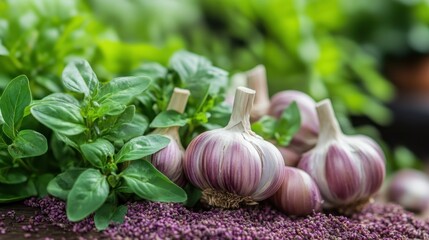 Fresh Garlic Cloves Surrounded by Green Herbs