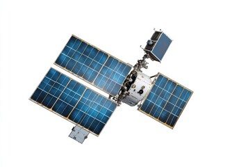 A detailed view of satellite equipped with solar panels, showcasing advanced space technology.
