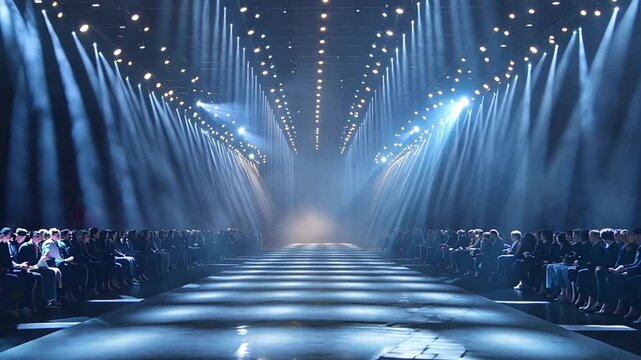 Glamorous runway fashion show with dramatic lighting and empty catwalk stage, perfect for showcasing high-end fashion and modern design.