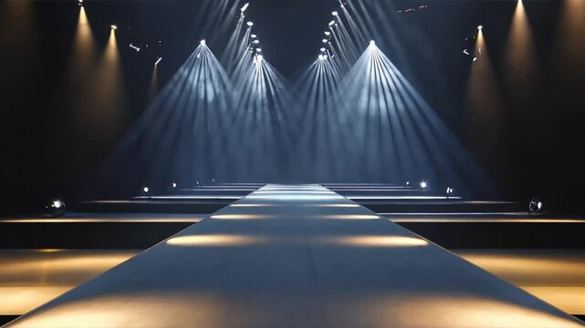 Empty fashion runway stage illuminated by dramatic lighting, preparing for a fashion show in a dark, ambient environment.