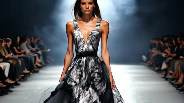 Model walking down the runway in a flowing black and white designer dress during a fashion show, with dramatic lighting and audience in silhouette.