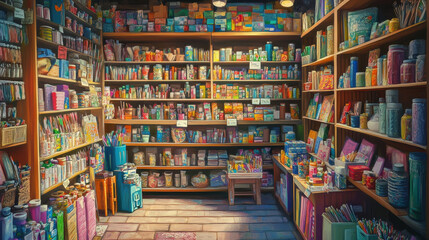 Fototapeta premium Ultra-realistic close-up of a local arts and crafts store, with shelves filled with colorful