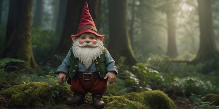 In a misty glen, a whimsical gnome with twinkling eyes, rosy cheeks, and a crooked hat, stands in a cinematic soft focus photograph.