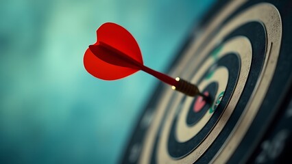 Close-up of a dart hitting the bullseye on a dartboard, symbolizing precision, accuracy, and success in achieving goals.