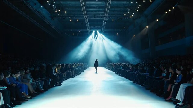 A model walks down the runway under spotlights during a fashion show, creating a dramatic and captivating atmosphere.