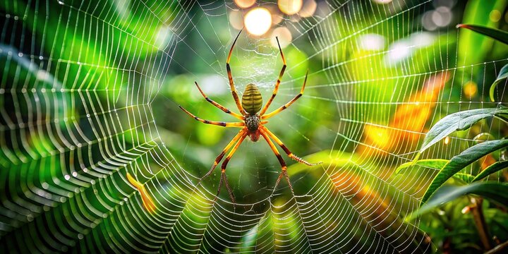 Vibrant tropical forest floor in Costa Rica, home to a majestic golden orb spider sitting regally in its intricate, dew-kissed web, surrounded by lush green foliage.