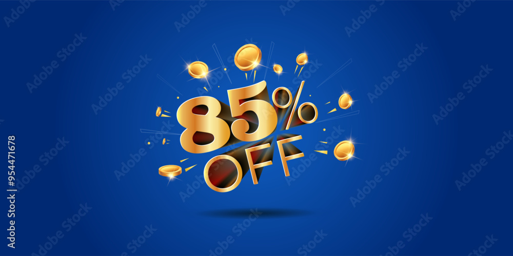 Sticker 85% cashback offer logo with golden coins, money wealth design on blue background. saving, sale, off