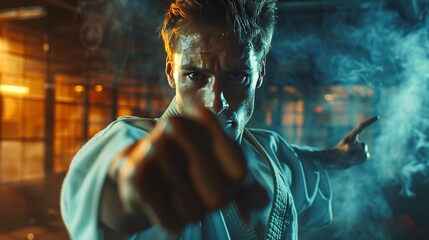 Dynamic karate practitioner dressed in traditional white uniform mastering martial arts techniques