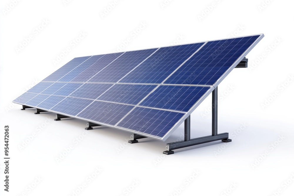 Poster a solar panel array showcasing modern renewable energy technology. panels are arranged at an angle, 