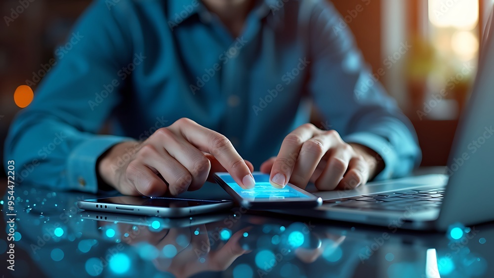 Poster hands typing on a laptop keyboard with digital network graphics overlay, symbolizing global connecti