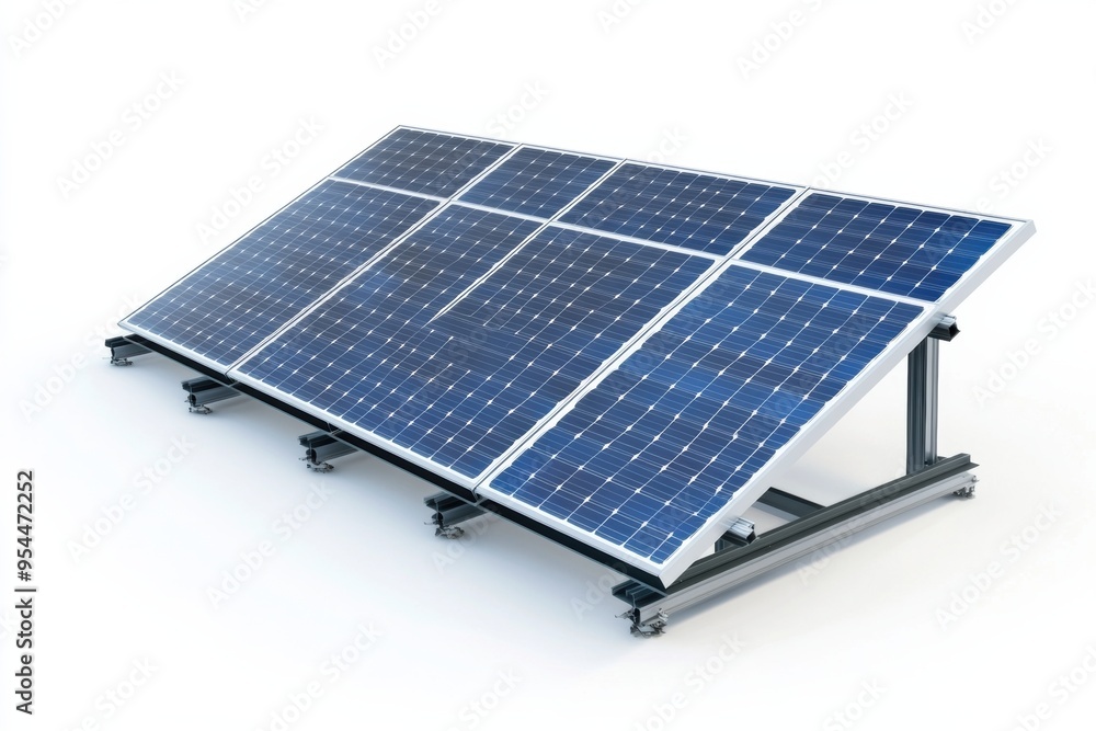 Poster solar panel array on metal frame, designed for renewable energy generation. this efficient setup sho