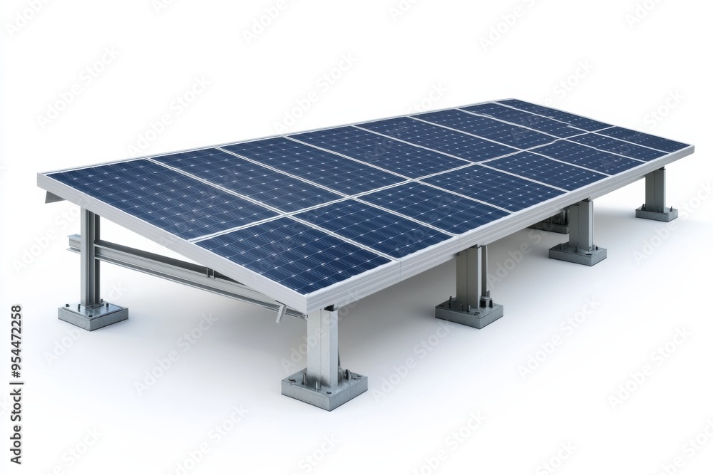 Poster a solar panel array on sturdy frame, designed for renewable energy generation, showcasing modern tec