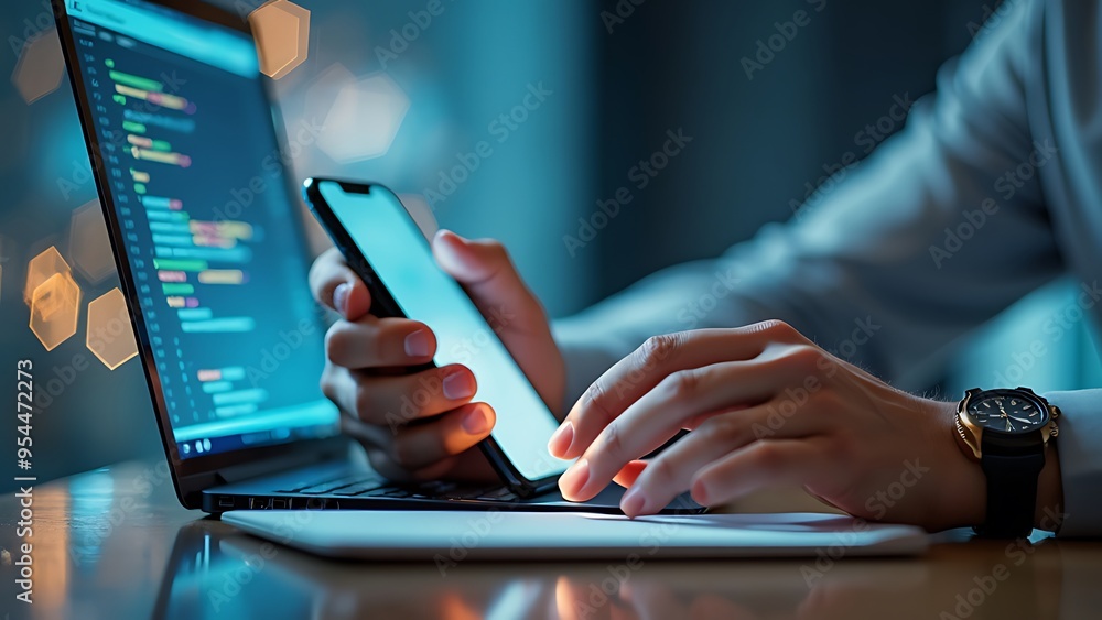 Poster hands typing on a laptop keyboard with digital network graphics overlay, symbolizing global connecti