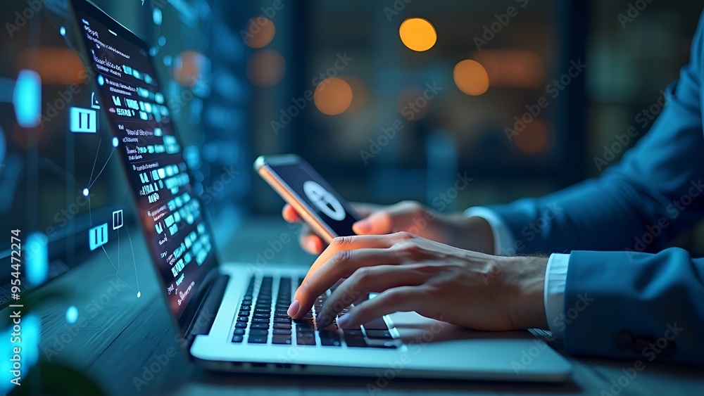 Poster hands typing on a laptop keyboard with digital network graphics overlay, symbolizing global connecti