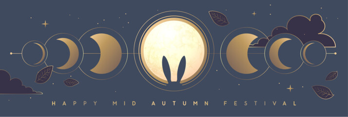 Mid-autumn festival banner with full moon, moon phases and rabbit ears on blue background. Vector illustration © annbozhko