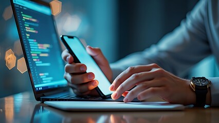 Hands typing on a laptop keyboard with digital network graphics overlay, symbolizing global connectivity, data technology, and modern communication.