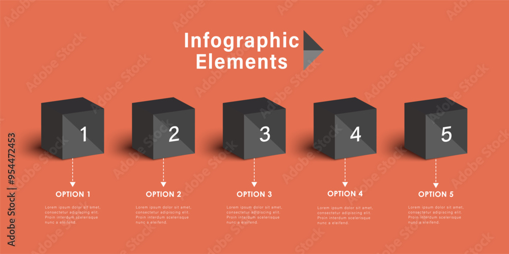 Poster infographic template and 5 options or steps. 3d black cubes on a orange background. workflow layout,