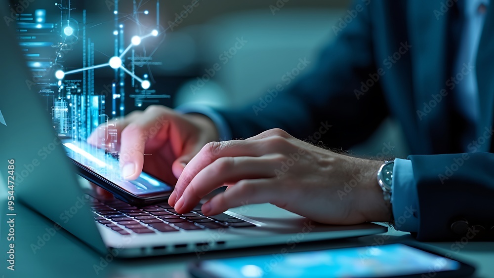 Poster hands typing on a laptop keyboard with digital network graphics overlay, symbolizing global connecti