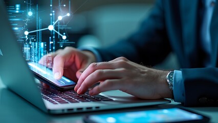 Hands typing on a laptop keyboard with digital network graphics overlay, symbolizing global connectivity, data technology, and modern communication.