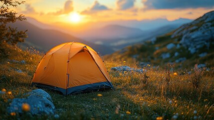 A bright orange tent pitched on a grassy mountain meadow at sunrise, capturing the tranquility and beauty of outdoor camping.