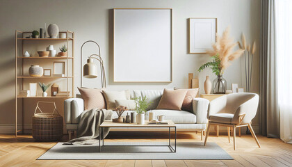 Frame mockup in modern white living room interior.