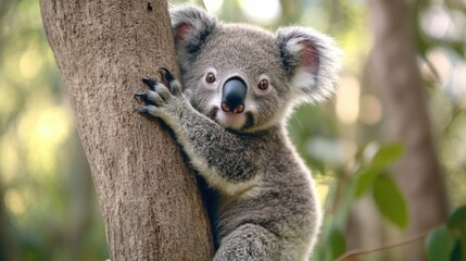 Fototapeta premium Curious Koala Climbing Eucalyptus Tree in Australian Forest