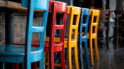 Colorful wooden chairs lined up in a cozy setting, perfect for a vibrant and inviting atmosphere in cafes or restaurants.