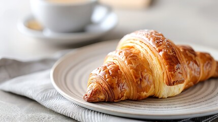 Freshly baked croissant served on a plate with a cup of coffee, perfect for breakfast or brunch.