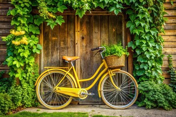 Vibrant Yellow Bicycle Leans Against A Rustic Wooden Wall Under A Canopy Of Lush Green Leaves