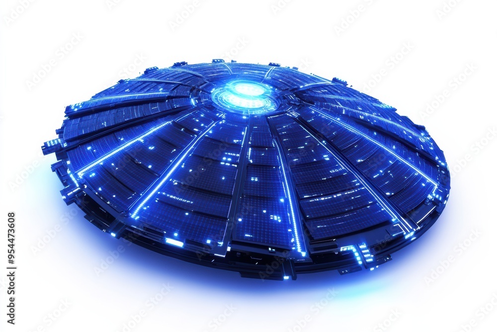 Poster futuristic solar array in space with glowing blue lights and sleek design. this sci fi energy concep