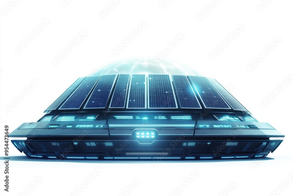 Poster futuristic solar array in space with advanced technology and glowing elements.