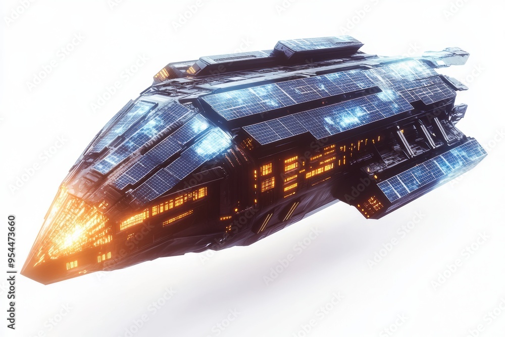 Poster futuristic solar array spaceship with glowing lights and solar panels, showcasing advanced technolog