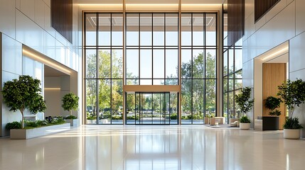 Fototapeta premium A modern lobby interior featuring glass walls and lush green plants.