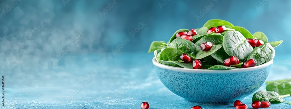 Wall mural  A blue bowl holds a mix of green leaves and pomegranates atop a blue-and-white table