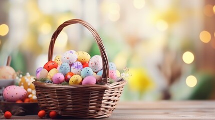 Easter wicker basket filled with colorful eggs on rustic wooden kitchen table, vibrant spring holiday composition with space for custom text or greetings



